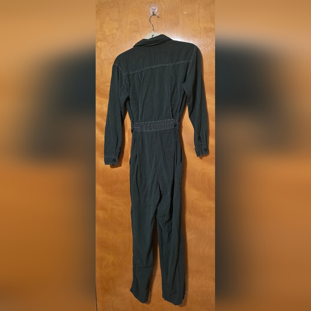 Women's Small Green Long Sleeve Button Front Pant Jumpsuit Belted Pockets Sexy - Picture 7 of 9